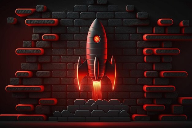 A rocket with red lights is flying into a brick wall.