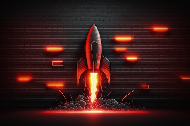 A rocket with red lights on it is flying in the air.