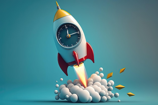 Rocket with stopwatch startup fast growth concept blue background AI