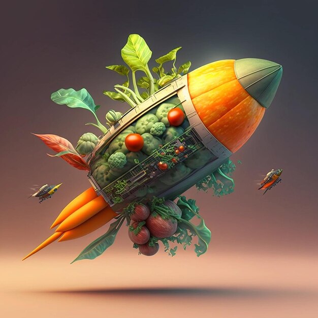 A rocket with vegetables and a rocket with a rocket and a rocket with the words food on it