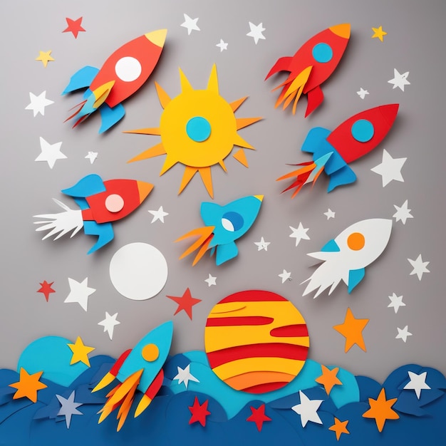 Rockets in space made of paper traditional papercut paper crafted handmade decoration children ill