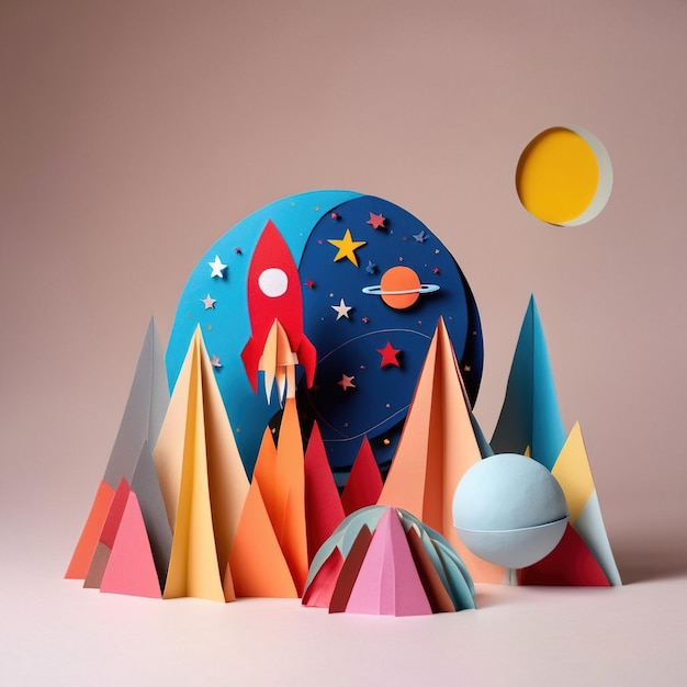 Rockets in space made of paper traditional papercut paper crafted handmade decoration children ill