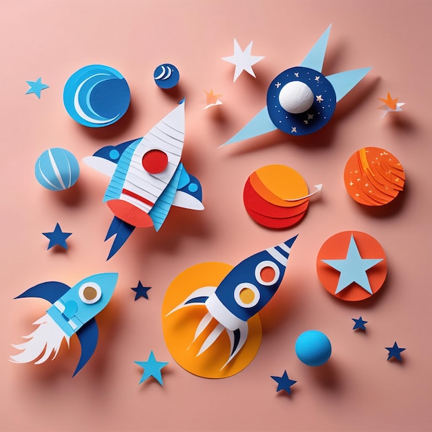 Rockets in space made of paper traditional papercut paper crafted handmade decoration children ill