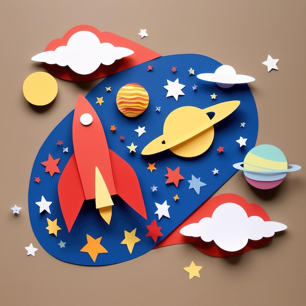 Rockets in space made of paper traditional papercut paper crafted handmade decoration children ill