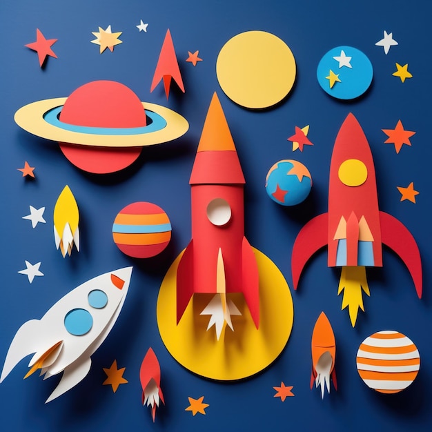 Rockets in space made of paper traditional papercut paper crafted handmade decoration children ill