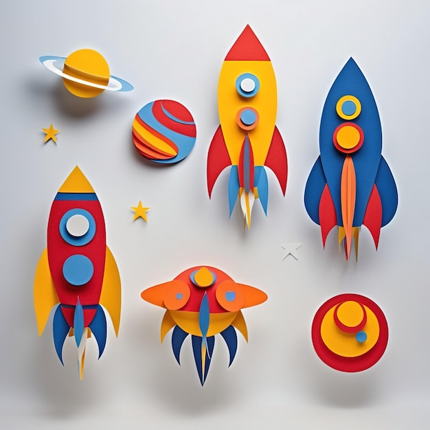 Rockets in space made of paper traditional papercut paper crafted handmade decoration children ill