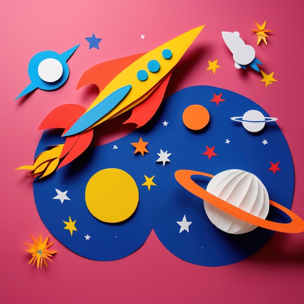 Rockets in space made of paper traditional papercut paper crafted handmade decoration children ill