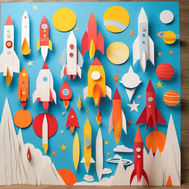 Rockets in space made of paper traditional papercut paper crafted handmade decoration children ill