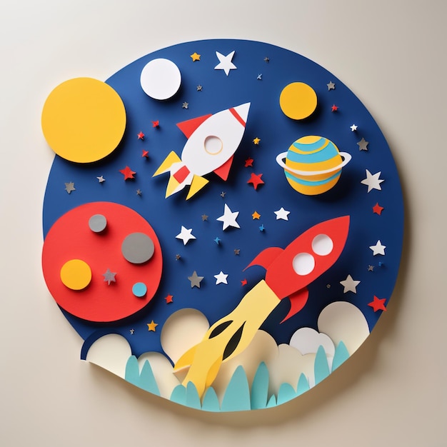 Rockets in space made of paper traditional papercut paper crafted handmade decoration children ill