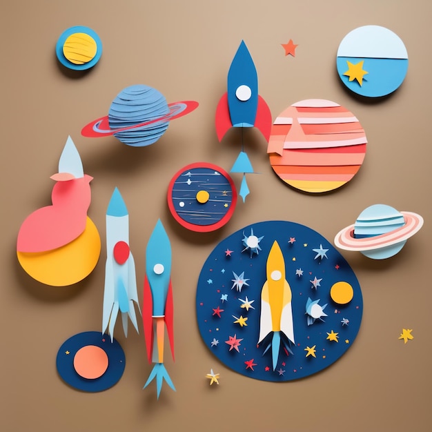 Rockets in space made of paper traditional papercut paper crafted handmade decoration children ill