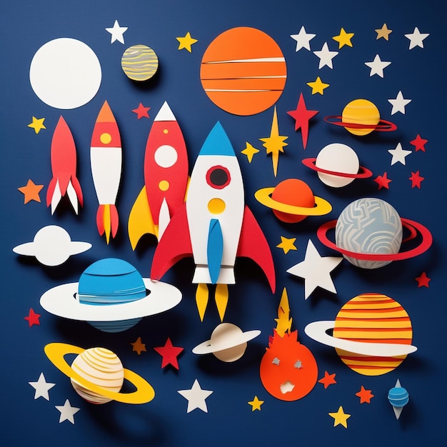 Rockets in space made of paper traditional papercut paper crafted handmade decoration children ill