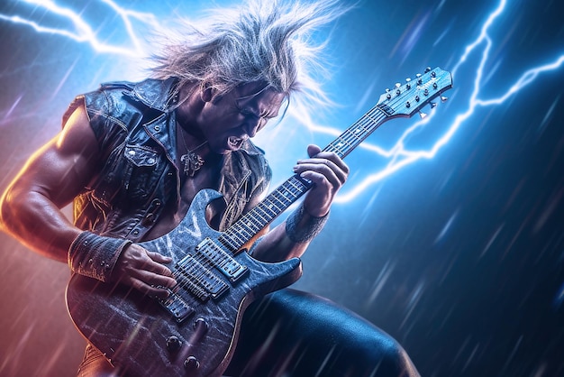 Foto rockgitarist metal rockstar die gitaar speelt met bliksem op de snaren