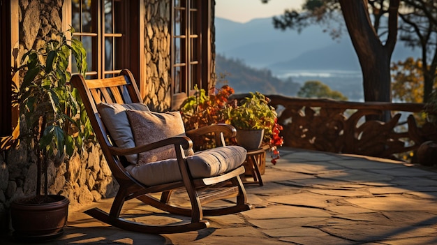 Фото Кресло-качалка в теплом солнечном свете на террасе деревянного коттеджа
