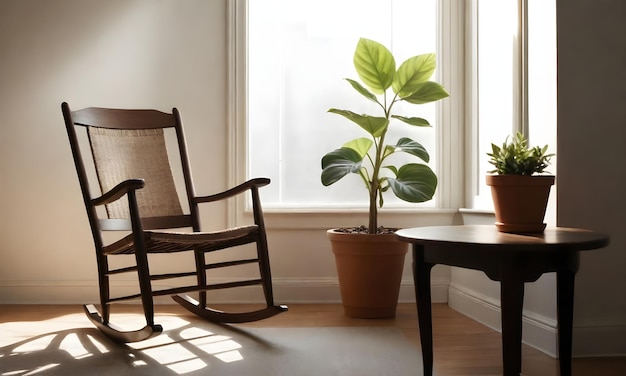 Качающийся стул рядом с небольшим столом с растением на нем в тускло освещенном комнате с солнечным светом