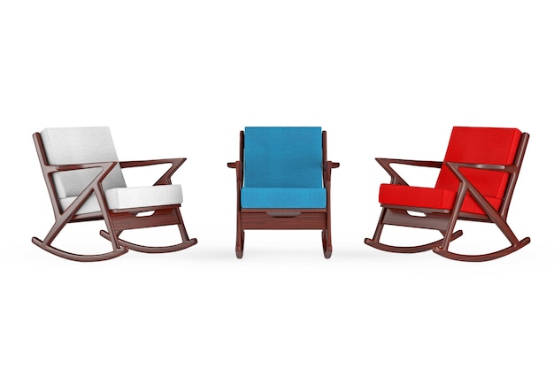 Photo rocking chair upholstered with multicolour cloth on a white background. 3d rendering