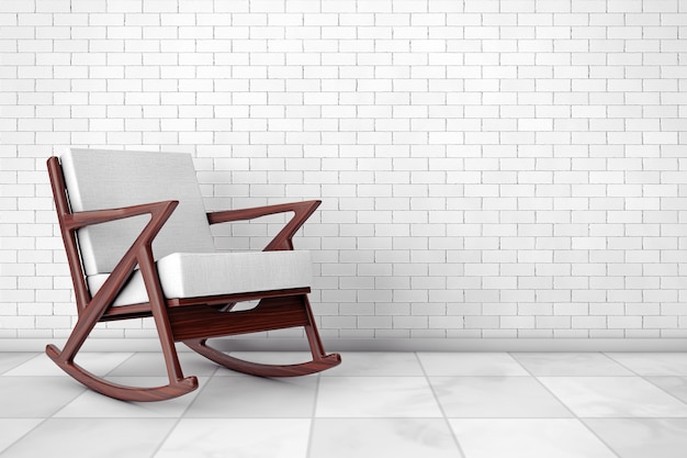 Rocking Chair Upholstered with White Cloth in front of brick wall. 3d Rendering