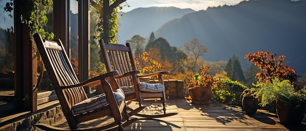 Кресло-качалка в теплом солнечном свете на террасе деревянного коттеджа