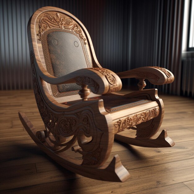 a rocking chair with a scroll design on the back.