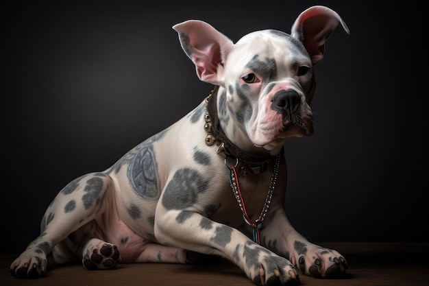 ジェネレーティブ AI で作成されたギターでシュレッドする準備ができている刺青とピアスの顔を持つロッキング犬