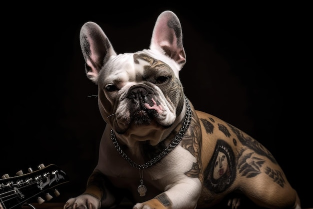 Rocking dog with tattooed and pierced visage ready to shred on the guitar created with generative ai