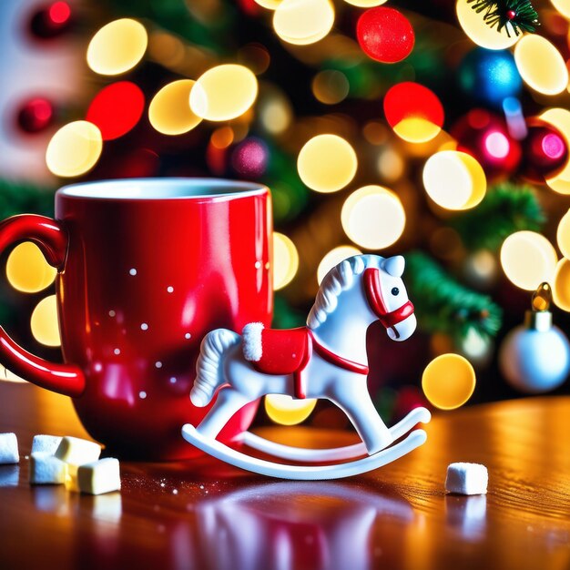 Photo rocking horse toy and red mug with hot chocolate and marshmallow and candy with christmas tree