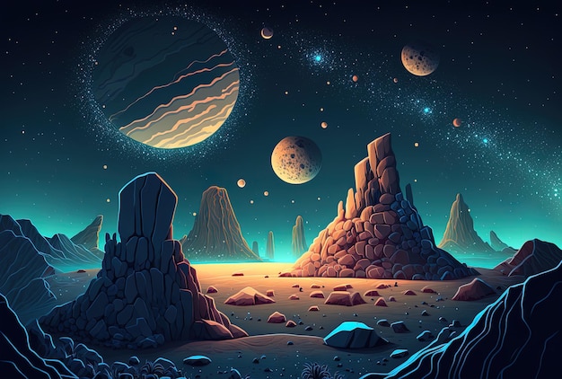 エイリアンの惑星の岩が夜に表面化し、星や惑星が空に浮かぶ