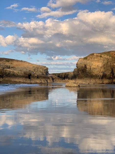 Rocks of the As Catedrais beach on the Atlantic Ocean near Ribadeo Galicia Spain September 2022