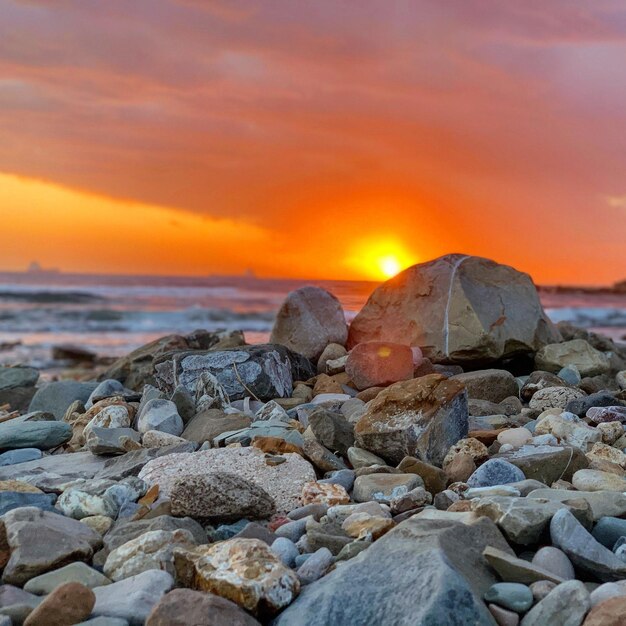 Photo rocks on beach during sunset