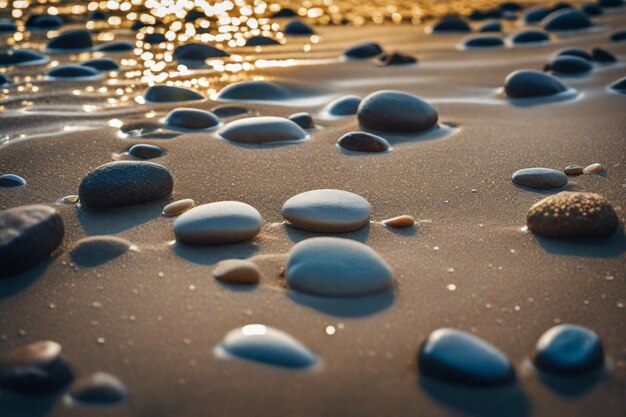rocks on the beach with the sun reflecting on them