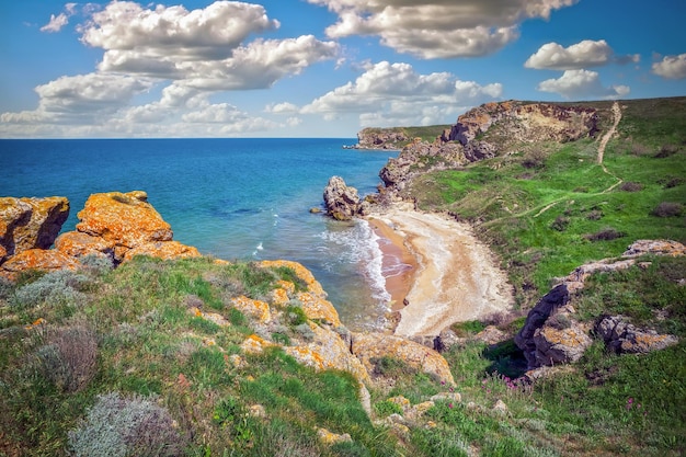 Rocks beaches and beautiful turquoise sea water exotic beach\
tranquility of turquoise sea water beautiful landscape composition\
of nature general\'s beaches crimea