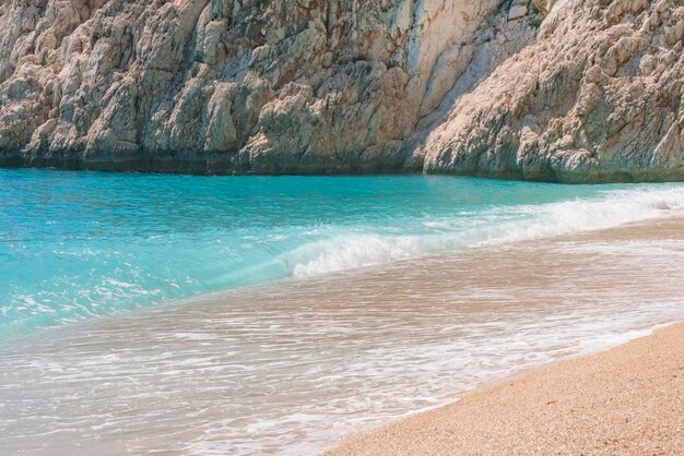 Rocks blue sea and sandy beach background