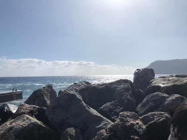 Скалы у моря напротив неба