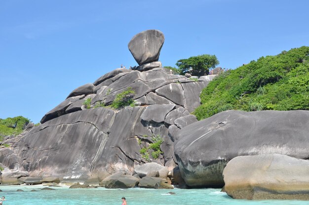 Rocks by sea against sky