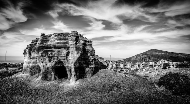 Rocks in canyon black and white photo