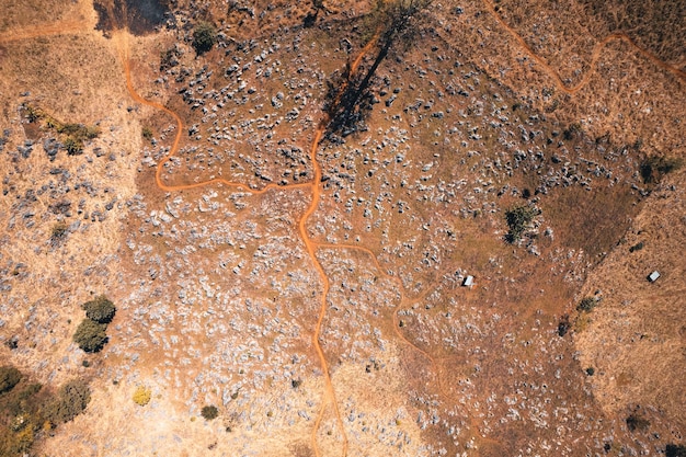 Rocks and farmland are dry during the hot summer daysarid mountains