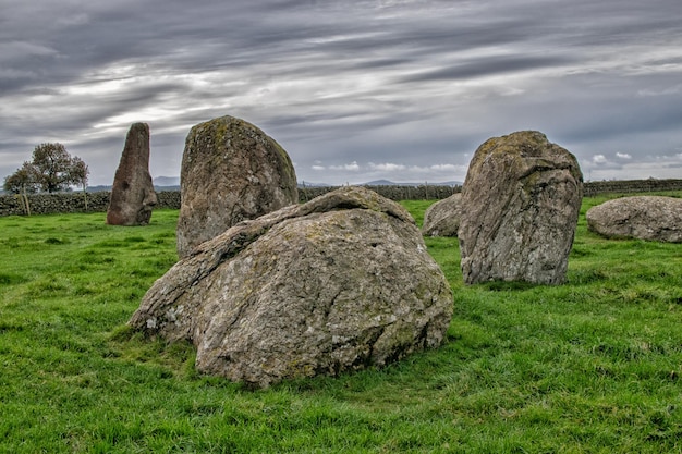 Rocks on field against sky