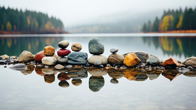 rocks on a lake with a reflection of a forest in the background