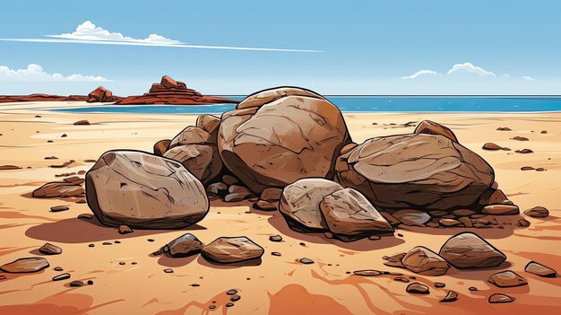 Rocks rest atop a sandy beach Generative AI