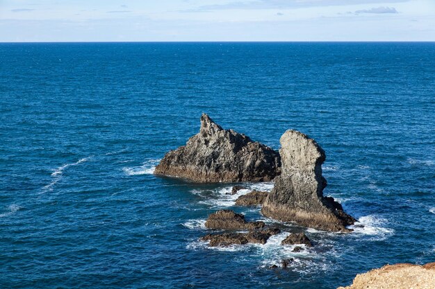 Rocks in sea against blue sky