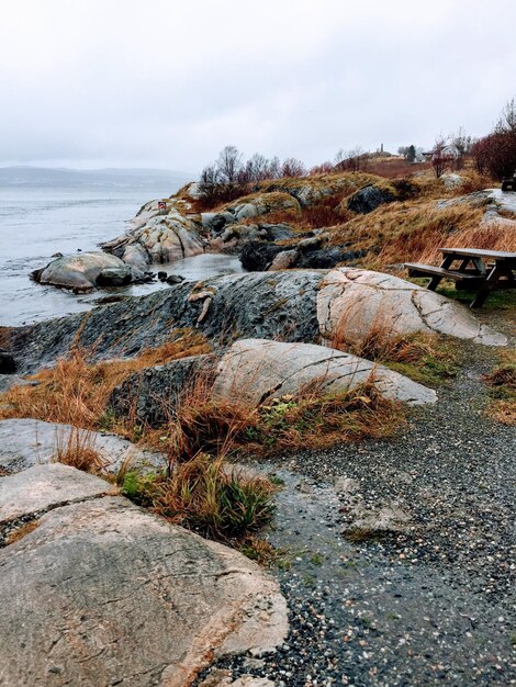 Rocks in sea against sky