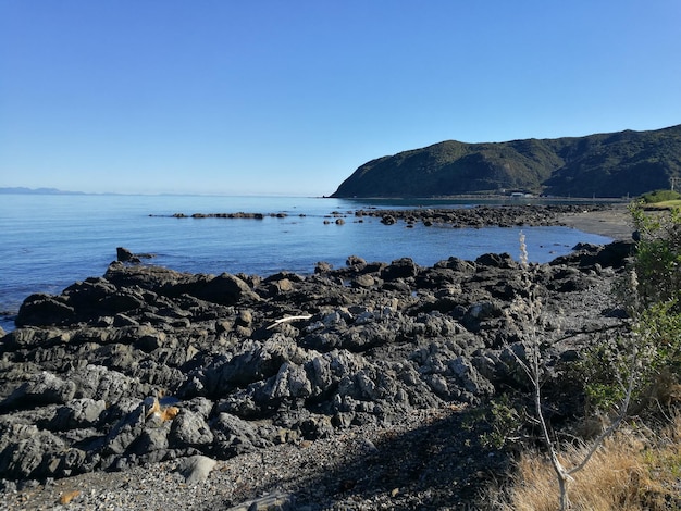 Скалы на берегу моря на фоне чистого голубого неба