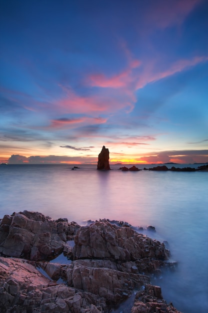 Rocks , sea ,sky blue at Twilight