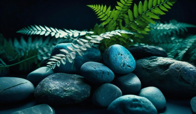Rocks set up by fern plant and green leaves