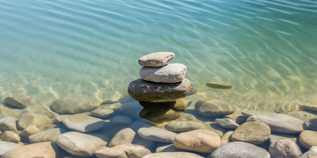 Rocks stacked on top of each other in a lake