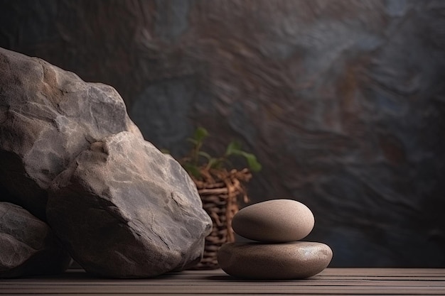 Rocks on a table with a plant in the background