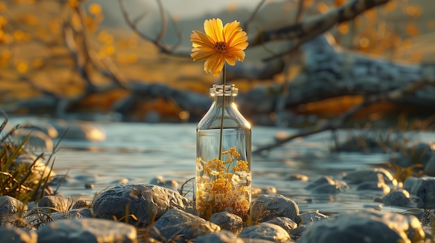 Photo on the rocks under the tree there is a glass bottle inside the glass bottle there is a small flower