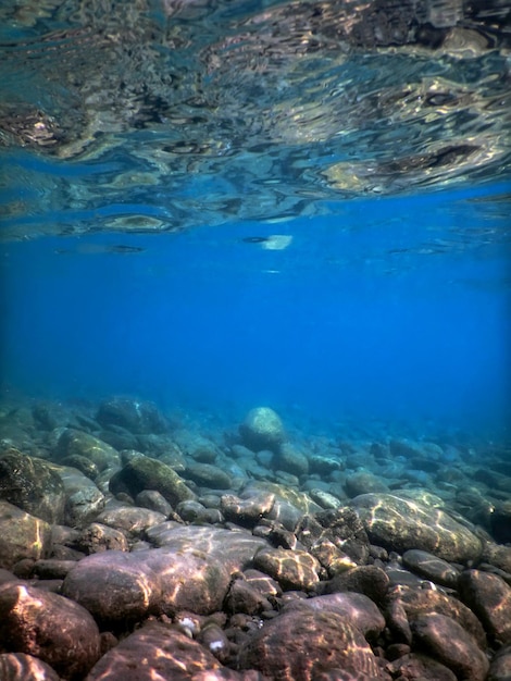 Скалы под водой в русле реки Пресноводные подводные кристально чистые воды