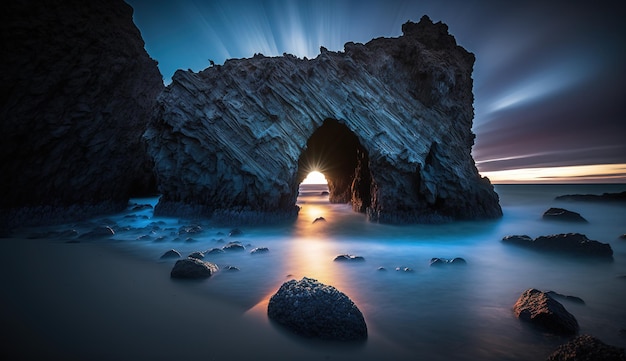 夕暮れ時の水上の岩の魔法の風景