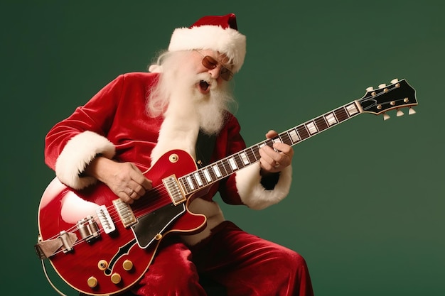 Rockstar Santa Claus zit elektrische gitaar te spelen in een studio met een groene achtergrond