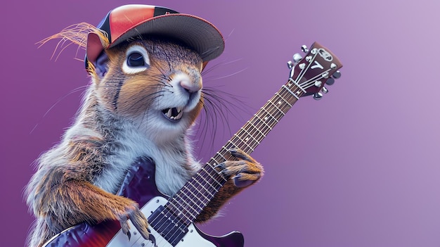 Photo a rockstar squirrel is playing an electric guitar he is wearing a red and black baseball cap and has a determined look on his face